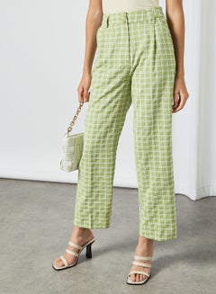 Wide Leg Checked Trousers Green