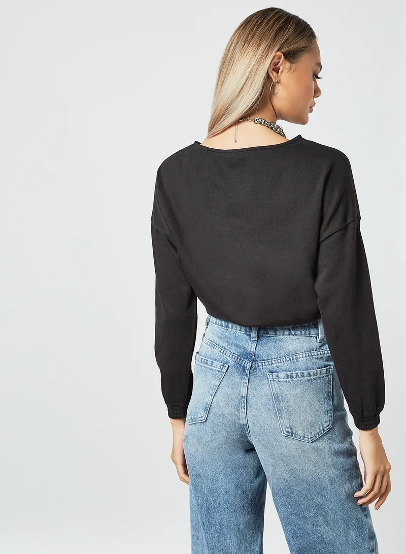 Pimkie Tie Front Cropped Sweatshirt Black