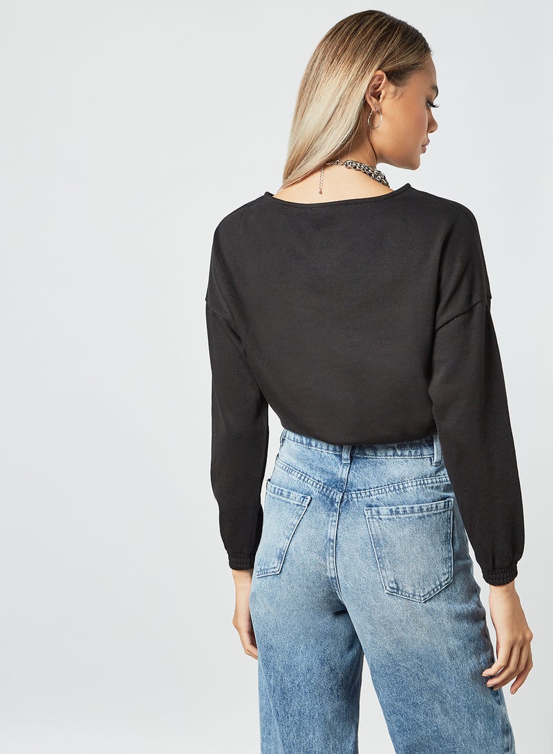 Pimkie - Tie Front Cropped Sweatshirt Black - Image 1