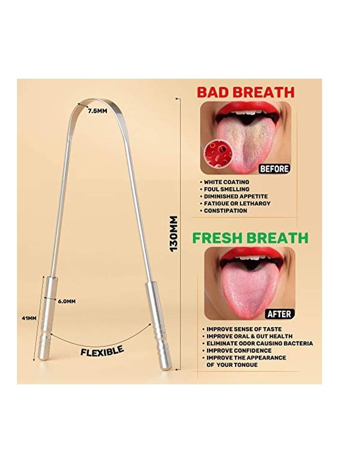MasterMedi Pack of 2 Stainless Steel Tongue Scraper with Travel Case Silver/Beige/White - Image 2