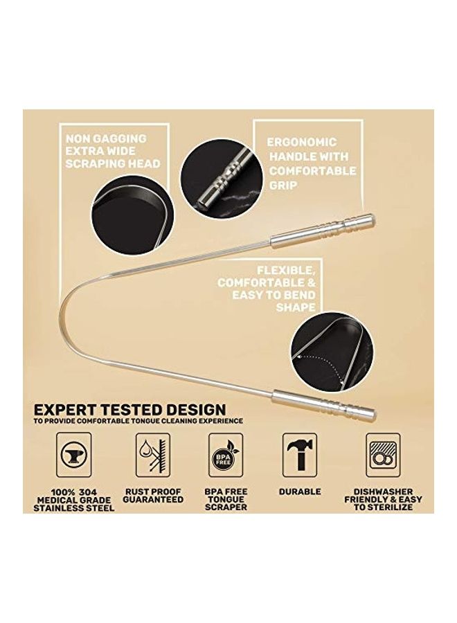 MasterMedi Pack of 2 Stainless Steel Tongue Scraper with Travel Case Silver/Beige/White - Image 3