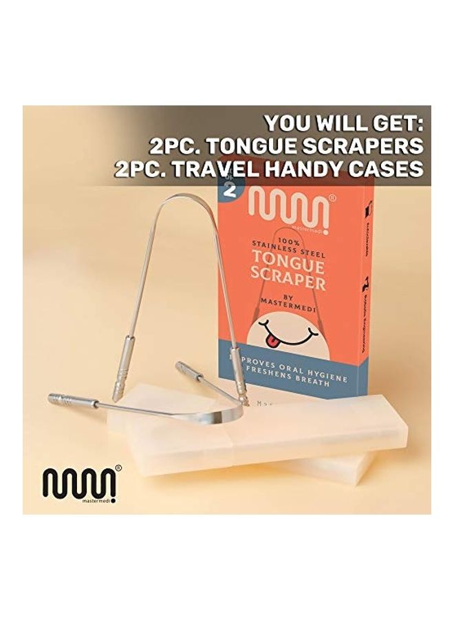 MasterMedi Pack of 2 Stainless Steel Tongue Scraper with Travel Case Silver/Beige/White - Image 4