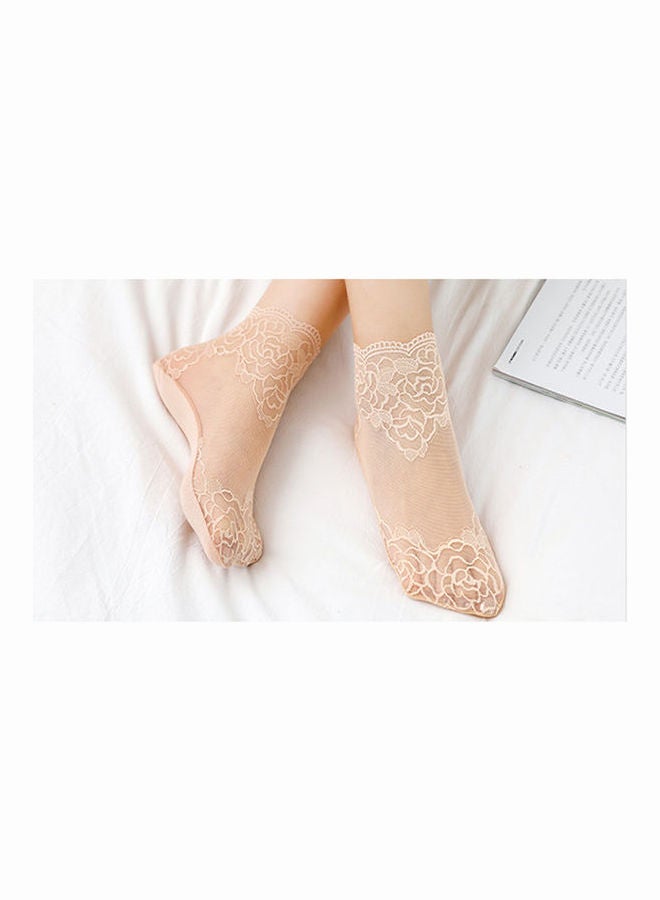 جوي شيك جوارب بطول الكاحل من الدانتيل مزينة بالزهور بيج - Image 1