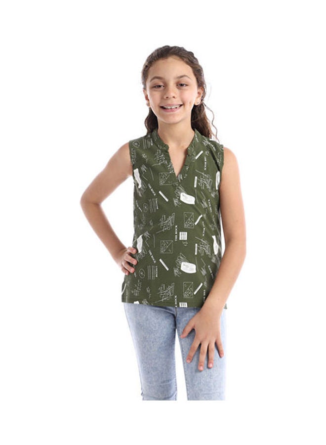 Andora Casaul Printed V-Neck Blouse Olive - Image 1