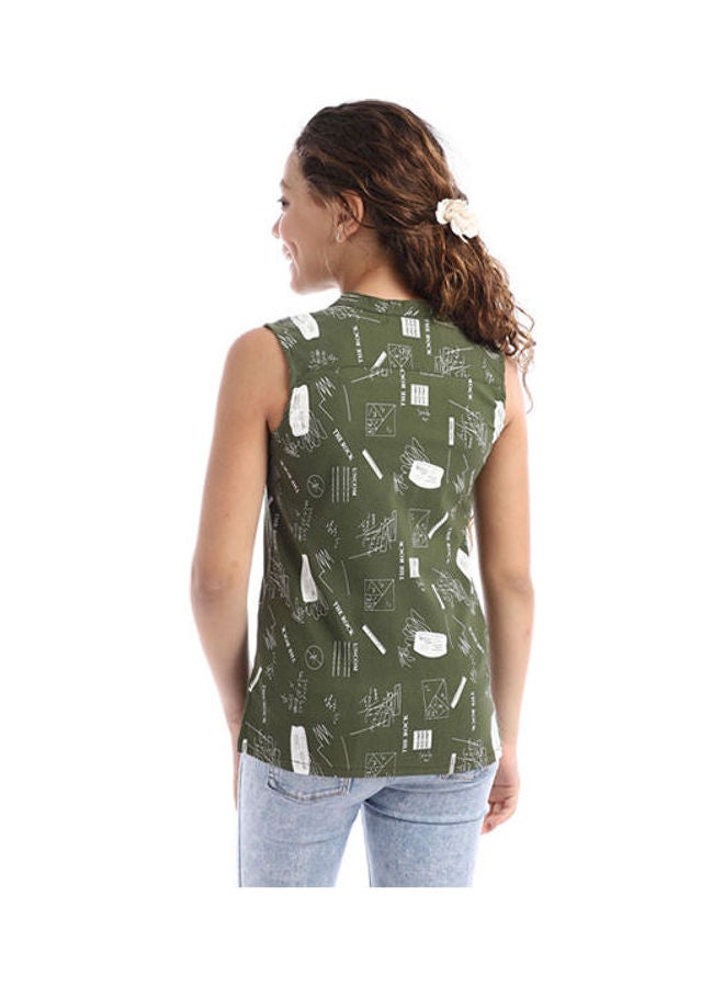 Andora Casaul Printed V-Neck Blouse Olive - Image 3