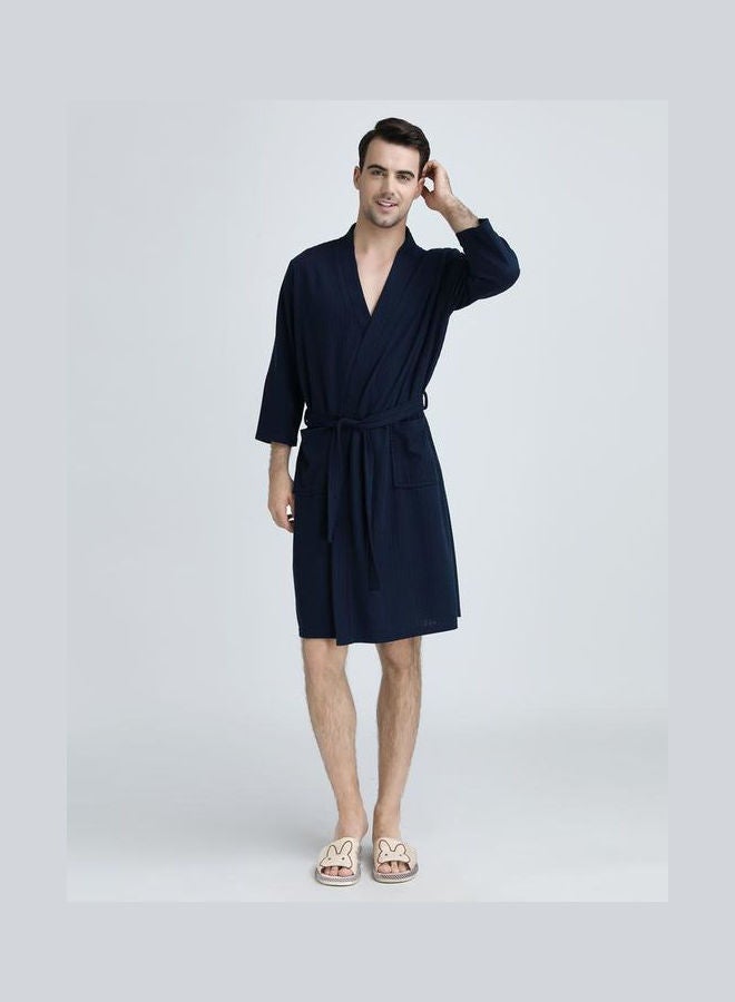 Joychic - Solid Pattern Water Absorption Bath Robe Dark Blue - Image 1