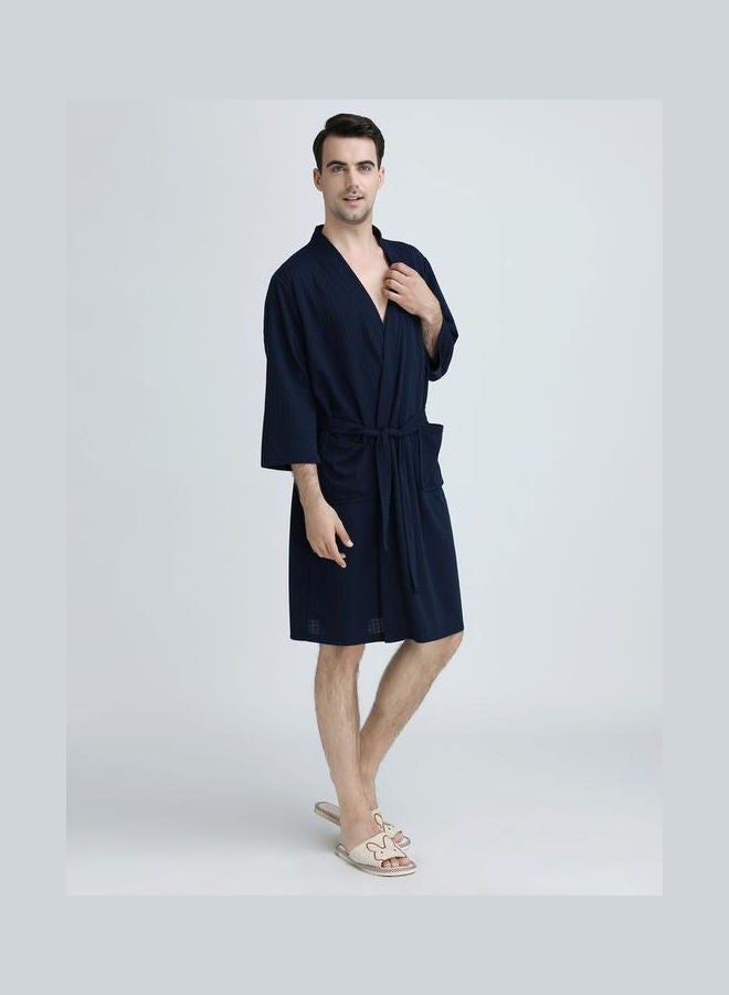 Joychic - Solid Pattern Water Absorption Bath Robe Dark Blue - Image 1