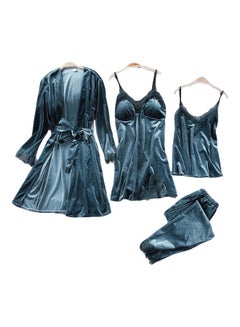 4-Piece Solid Sleepwear Pyjama Set Blue