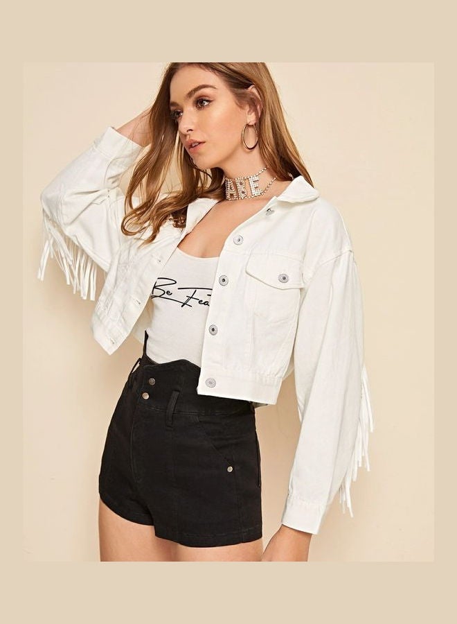 Joychic - Leisure Tassels Denim Short Jacket White - Image 1