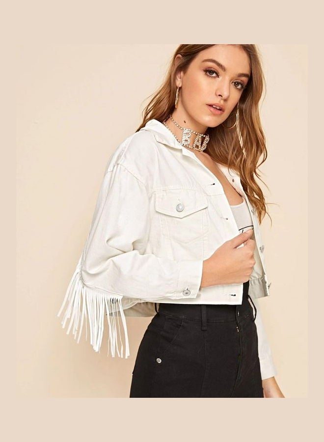 Joychic - Leisure Tassels Denim Short Jacket White - Image 1