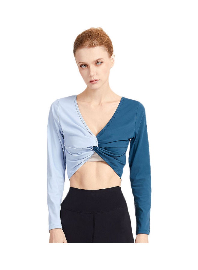 جوي شيك بلوزة ضيقة بتصميم ملتف جيد التهوية بأكمام طويلة أزرق - Image 1