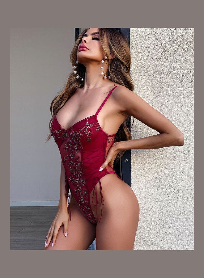 جوي شيك لباس بشكل الجسم من الدانتيل مزين بالزهور أحمر برغندي - Image 2