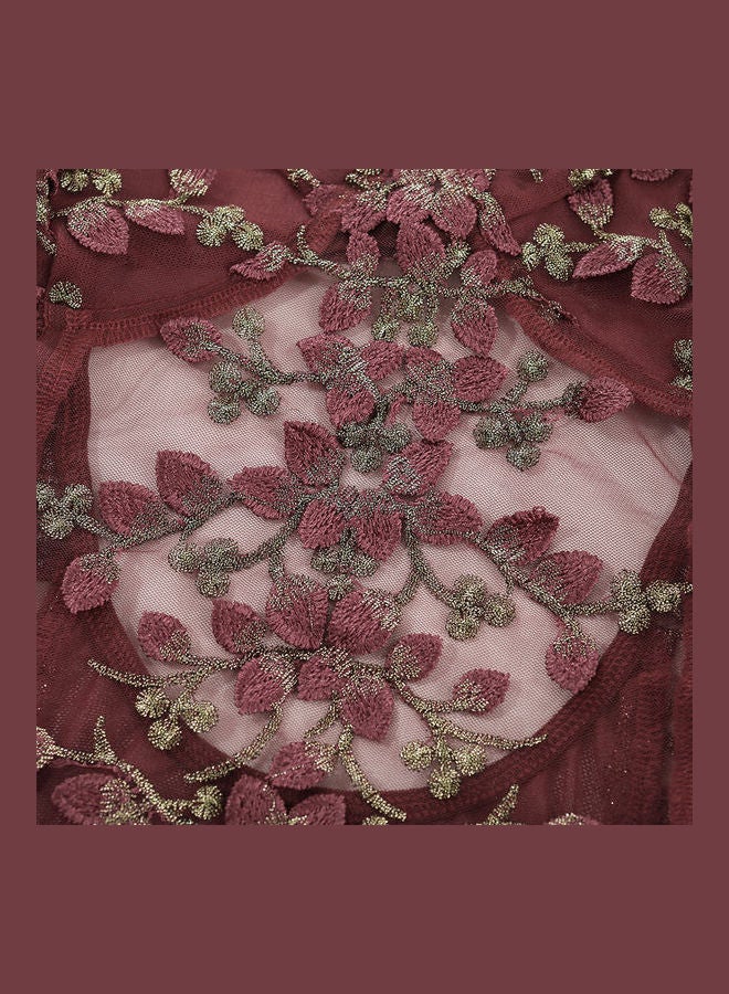 جوي شيك لباس بشكل الجسم من الدانتيل مزين بالزهور أحمر برغندي - Image 5
