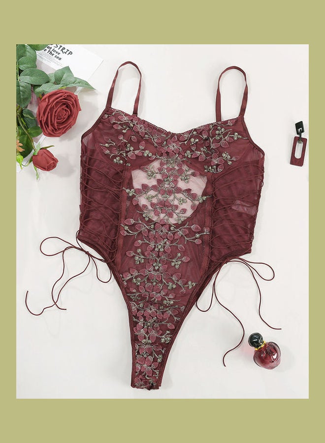 جوي شيك لباس بشكل الجسم من الدانتيل مزين بالزهور أحمر برغندي - Image 1