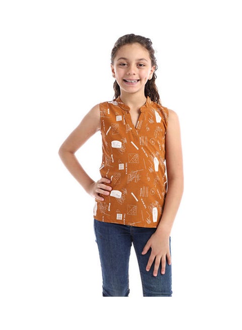 بلوزة كاجوال برقبة على شكل حرف "V" مزينة بطبعة أصفر