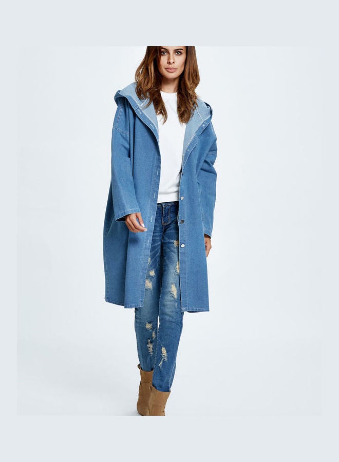Joychic - Hooded Neck Denim Jacket Blue - Image 1