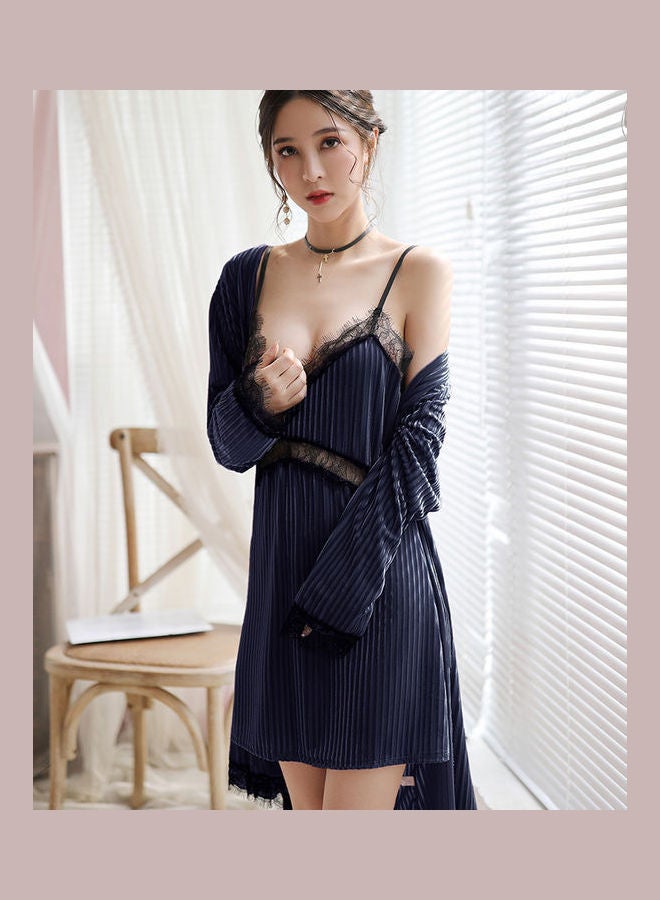 Joychic 2-Piece Lace Detail Nightdress And Robe Set Dark Blue/Black  - Image 2