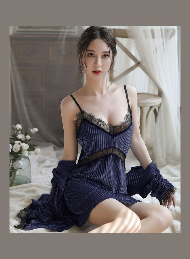 Joychic 2-Piece Lace Detail Nightdress And Robe Set Dark Blue/Black  - Image 5