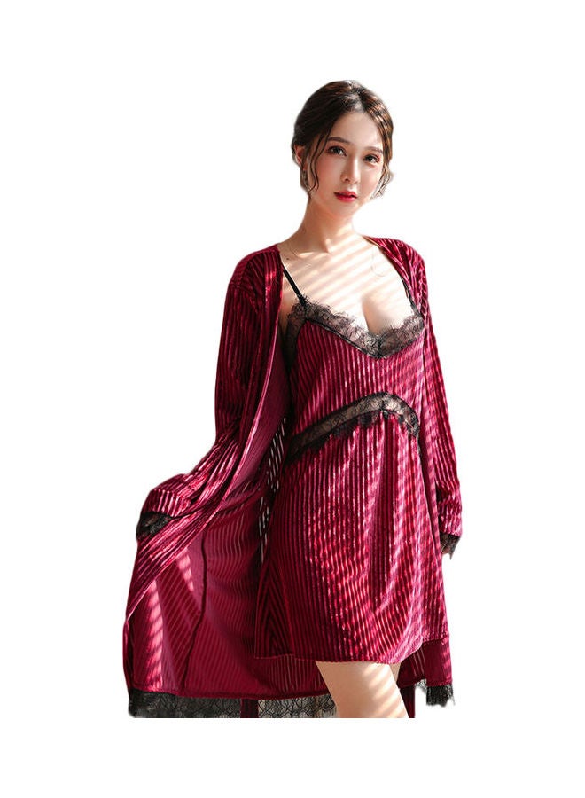 Joychic 2-Piece Lace Detail Nightdress And Robe Set Wine Red/Black - Image 1