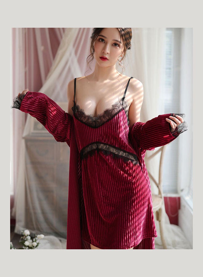 Joychic 2-Piece Lace Detail Nightdress And Robe Set Wine Red/Black - Image 2