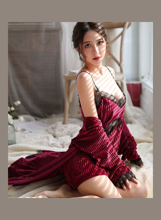 Joychic 2-Piece Lace Detail Nightdress And Robe Set Wine Red/Black - Image 3
