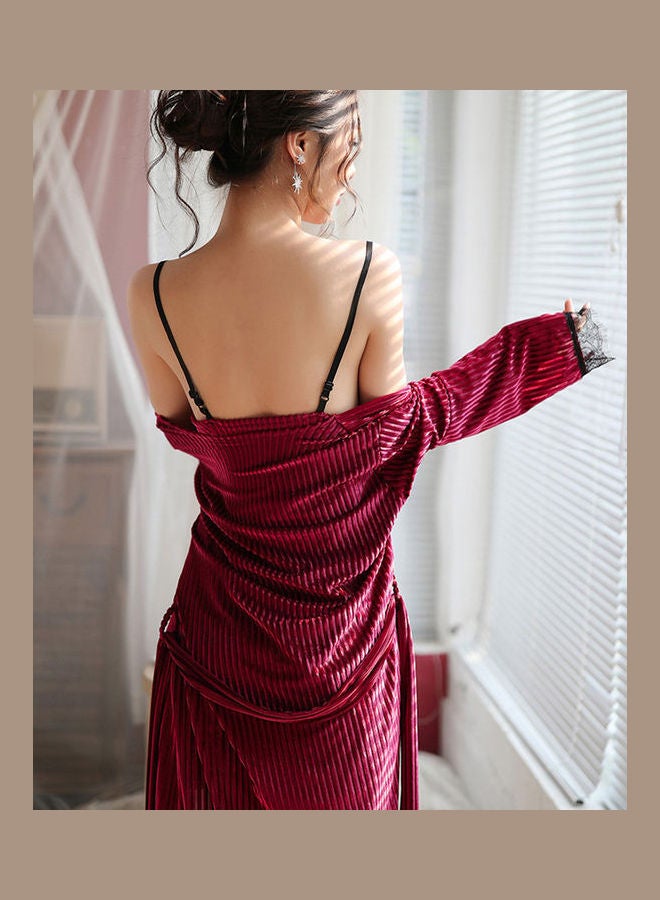 Joychic 2-Piece Lace Detail Nightdress And Robe Set Wine Red/Black - Image 4