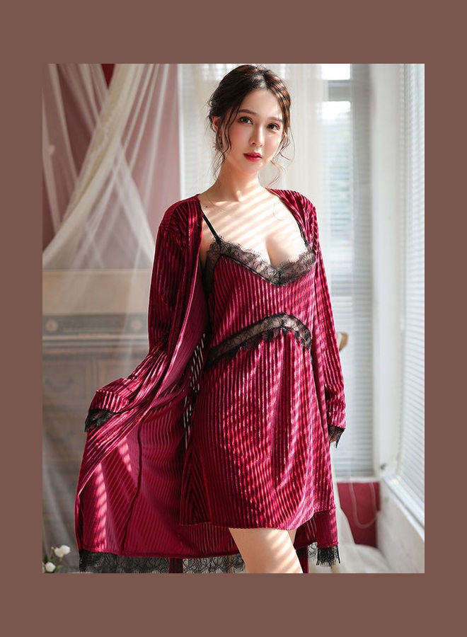 Joychic 2-Piece Lace Detail Nightdress And Robe Set Wine Red/Black - Image 5