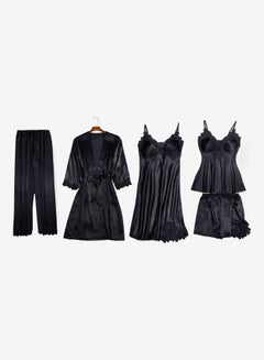 5-Piece Lace Detail Sleepwear Pyjamas Set Black