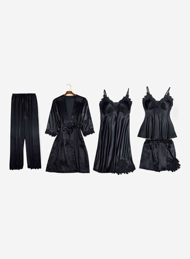 Joychic - 5-Piece Lace Detail Sleepwear Pyjamas Set Black - Image 1
