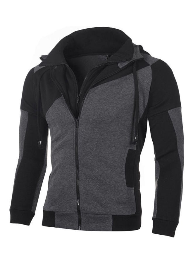 Joychic Colourblock Double Zipper Slim Hooded Sweatshirt Black/Grey  - Image 2