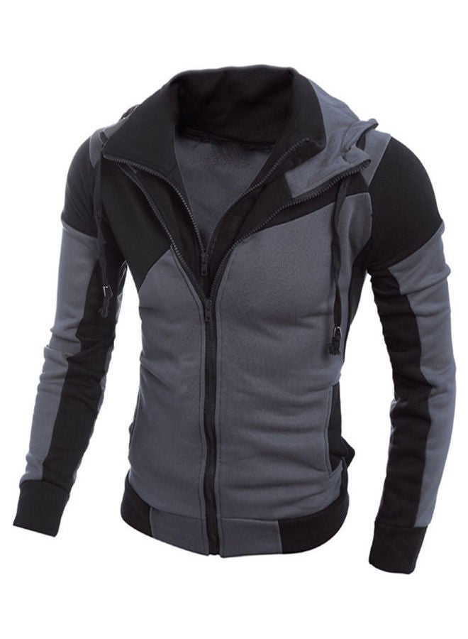 Joychic Colourblock Double Zipper Slim Hooded Sweatshirt Black/Grey  - Image 1