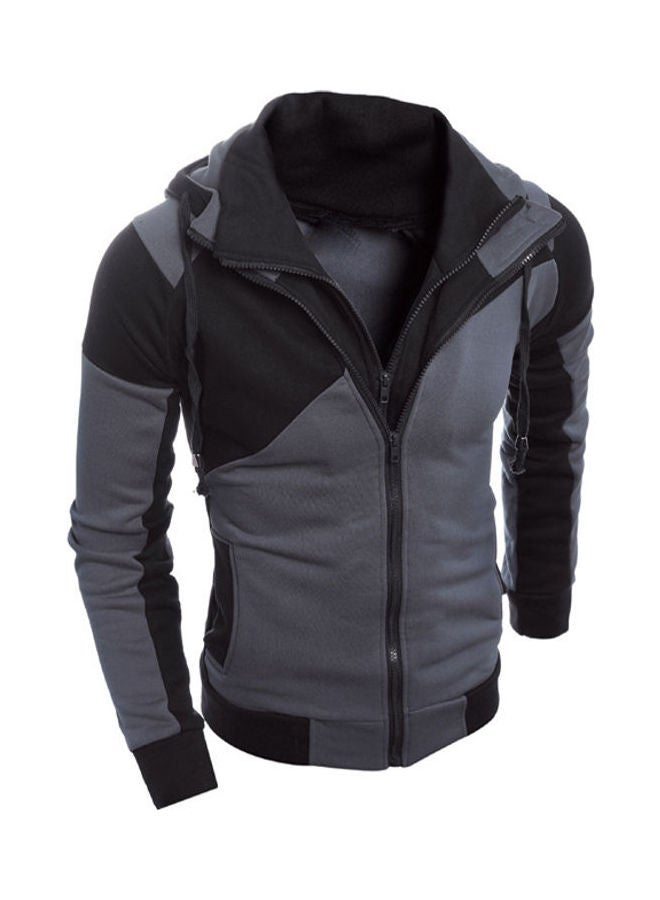 Joychic Colourblock Double Zipper Slim Hooded Sweatshirt Black/Grey  - Image 3