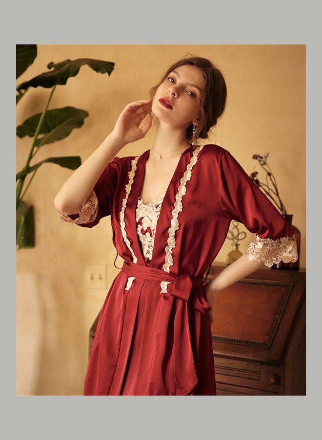 جوي شيك طقم ملابس منزلية مزينة بالدانتيل من 4 قطع أحمر واين/ بيج - Image 3