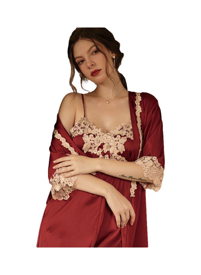 جوي شيك طقم ملابس منزلية مزينة بالدانتيل من 4 قطع أحمر واين/ بيج - Image 2