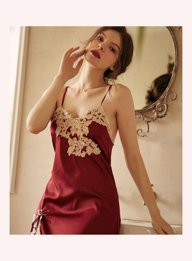 جوي شيك طقم ملابس منزلية مزينة بالدانتيل من 4 قطع أحمر واين/ بيج - Image 4