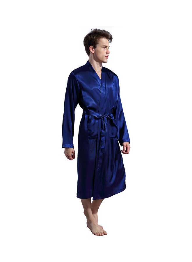 Joychic Solid Belted Night Robe Dark Blue  - Image 2