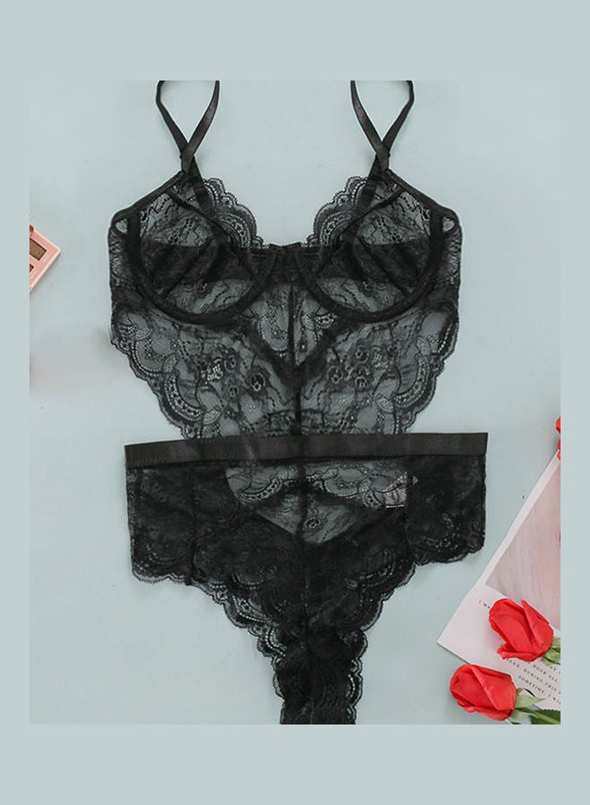 جوي شيك ملابس تنحيف من الدانتيل بنقشة زهور أسود - Image 1