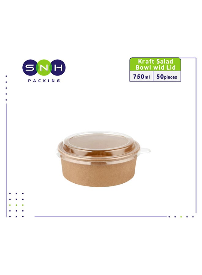 50 Pieces Kraft Salad Bowl With Lid Brown 750ml