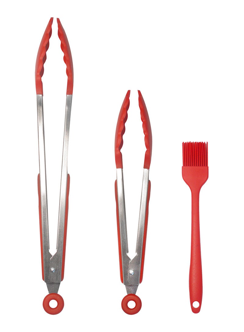 Amal 3-Piece Food Tong And Oil Brush Set Red - Image 1