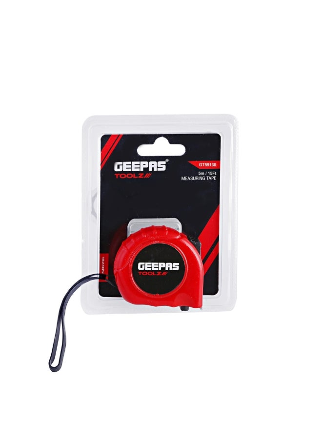 GEEPAS - Measuring Tape| 5 M X 25 MM, High Quality ABS Body and Plated Silver Hook| High Visibility, With Metric and Inch Gradation| Perfect for Home and Business Use Red/Black - Image 1