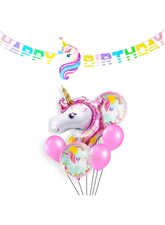 بارتي تايم "طقم بالونات بتصميم يونيكورن مع لافتة بعبارة "Happy Birthday" مكون من 7 قطع"