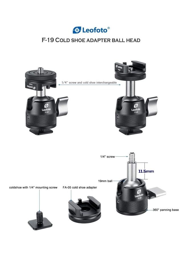 Leofoto F-19 Mini Long Neck Ball Head With Cold Shoe Mount Black - Image 4