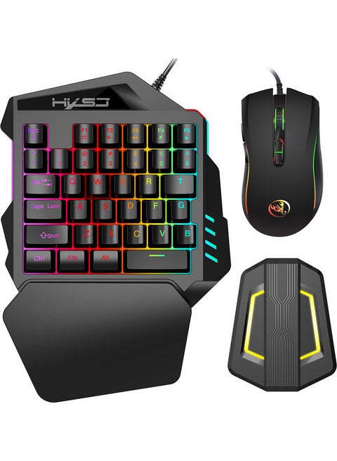 مجموعة مكونة من ماوس ألعاب سلكي بإضاءة متعددة الألوان RGB ولوحة مفاتيح بيد واحدة مع محول لوحة مفاتيح وماوس محمول