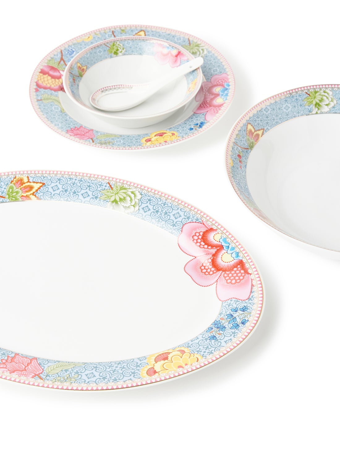 56 Piece Porcelain Dinner Set - Dishes, Plates - Dinner Plate, Side Plate, Bowl, Cups, Serving Dish And Bowl - Serves 6 - Festive Design Bloom 