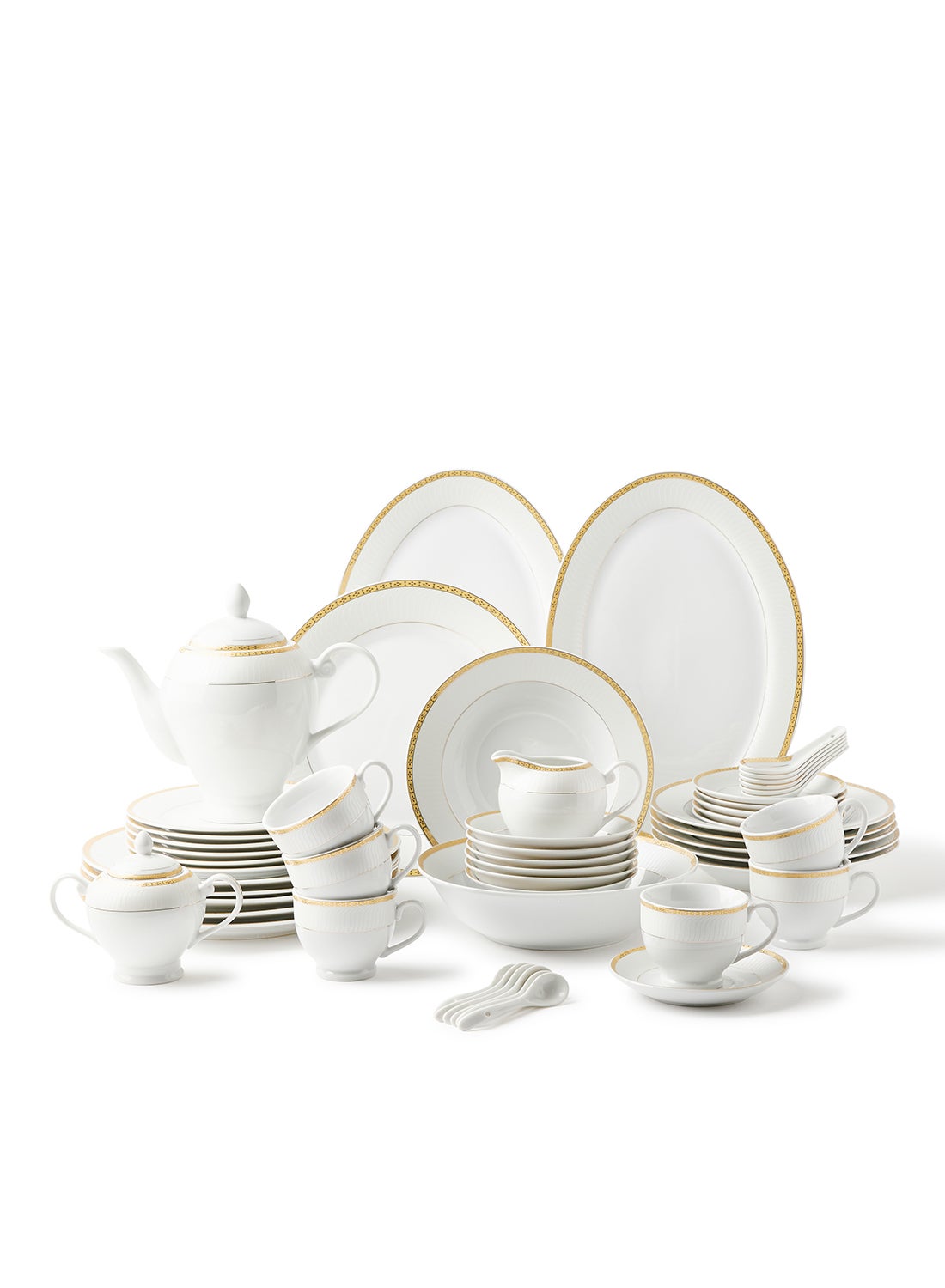 Noon East 56 Piece Porcelain Dinner Set - Dishes, Plates - Dinner Plate, Side Plate, Bowl, Cups, Serving Dish And Bowl - Serves 6 - Festive Design White/Gold Elegance White/Gold Elegance 