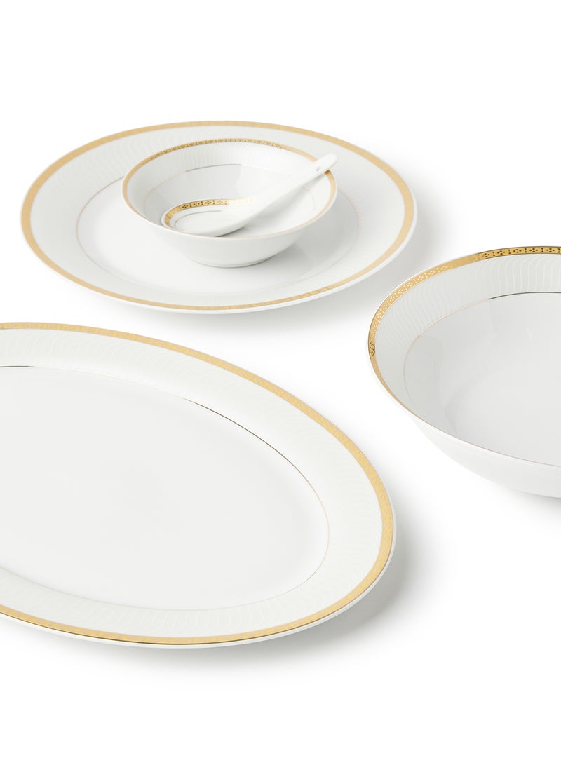 Noon East - 56 Piece Porcelain Dinner Set - Dishes, Plates - Dinner Plate, Side Plate, Bowl, Cups, Serving Dish And Bowl - Serves 6 - Festive Design White/Gold Elegance White/Gold Elegance - Image 1
