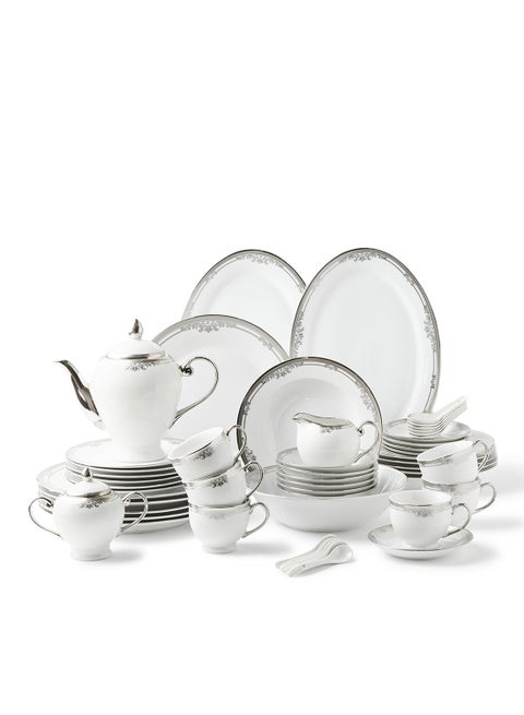 56 Piece Porcelain Dinner Set - Dishes, Plates - Dinner Plate, Side Plate, Bowl, Cups, Serving Dish And Bowl - Serves 6 - Festive Design White/Silverado White/Silverado