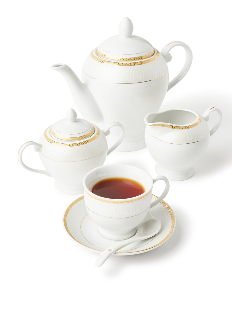 Noon East - 56 Piece Porcelain Dinner Set - Dishes, Plates - Dinner Plate, Side Plate, Bowl, Cups, Serving Dish And Bowl - Serves 6 - Festive Design White/Gold Elegance White/Gold Elegance - Image 1