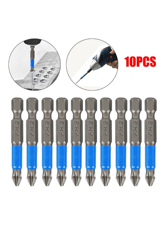 طقم لقم مثقاب مغناطيسية لمفك البراغي الصليبة PH2 مكون من 10 قطع فضي/أزرق 10.00X2.00X6.00سم - Image 2