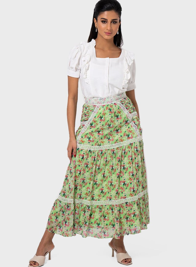 RINA - Lace Trim Floral Printed Midi Skirt Multicolour - Image 1